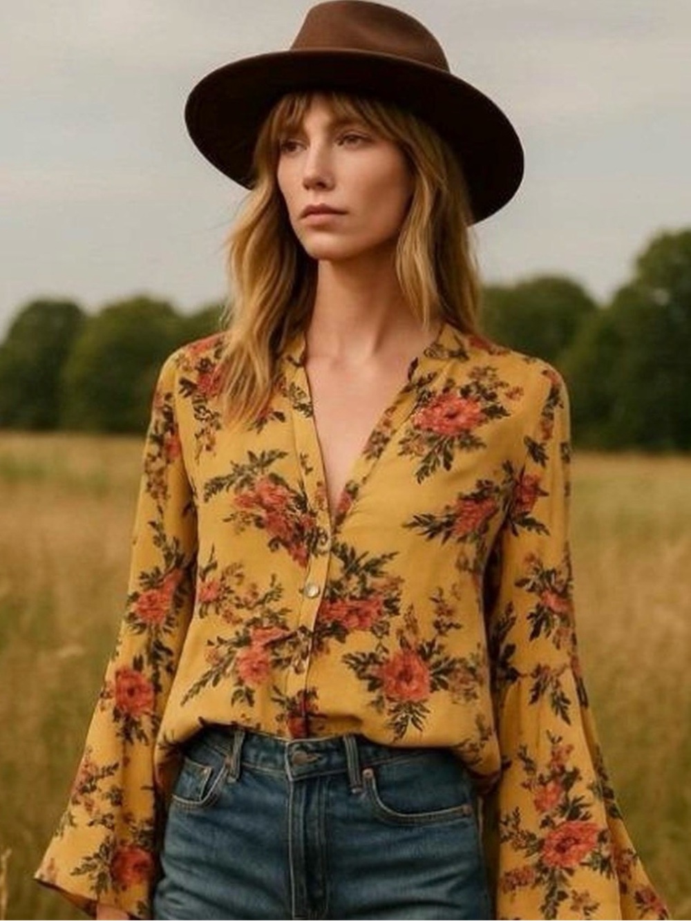 Free People Bell Sleeve Henley Blouse Fall Golden Button Long Sleeve Top H8